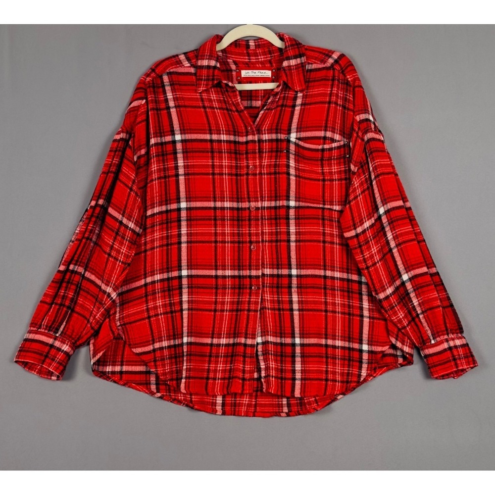 We The Free Free People Red Plaid Studded Pocket Button Down Shirt XS OB1007731